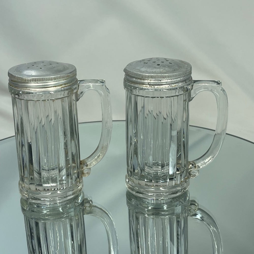 Vintage Ribbed Clear Glass Mug Salt and Pepper Shakers Aluminum Lids 4"